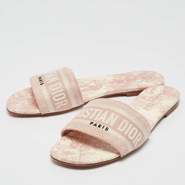 Pre Owned Dior Pink/Cream Fabric Dway Flat Slides Size 38