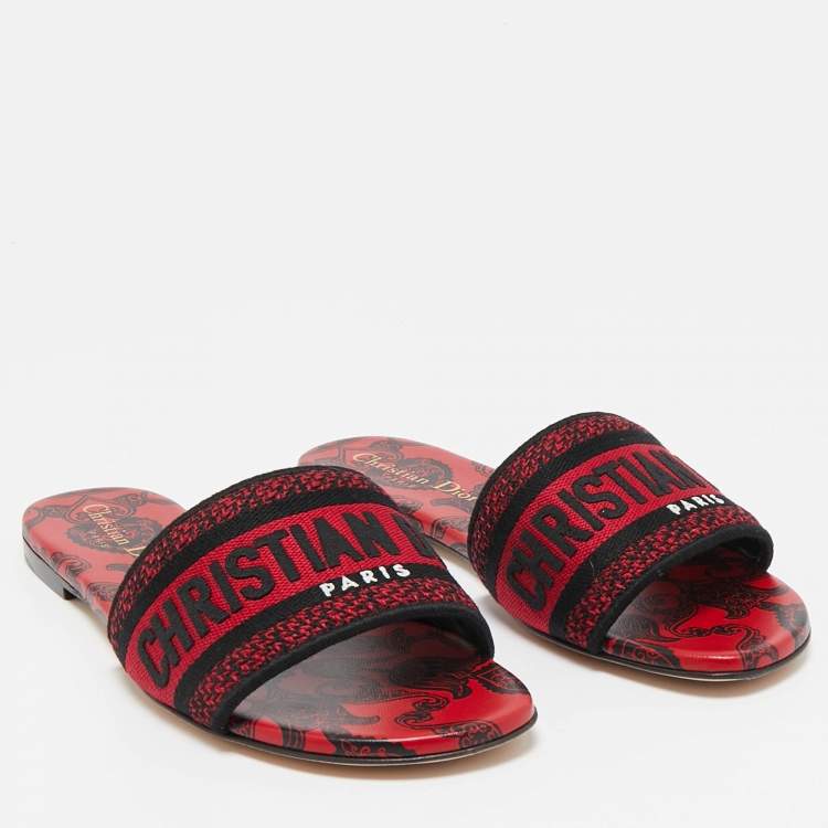Pre Owned Dior Red/Black Embroidered Canvas Dway Slide Flats Size 36