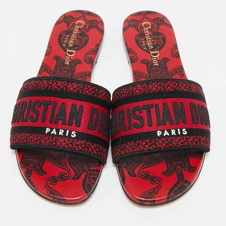Pre Owned Dior Red/Black Embroidered Canvas Dway Slide Flats Size 36