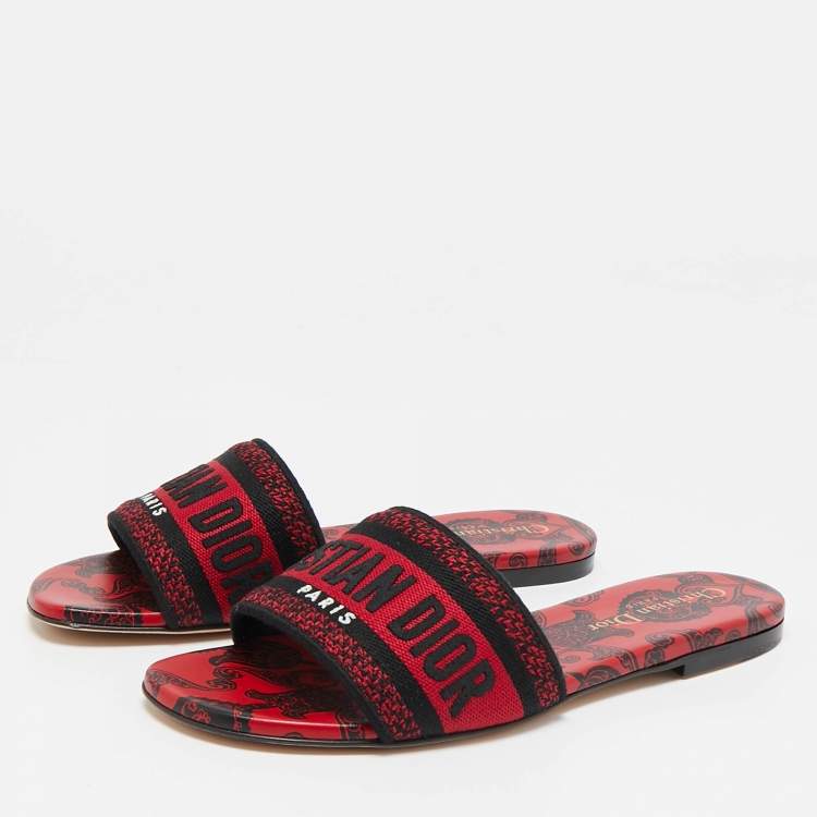 Pre Owned Dior Red/Black Embroidered Canvas Dway Slide Flats Size 36