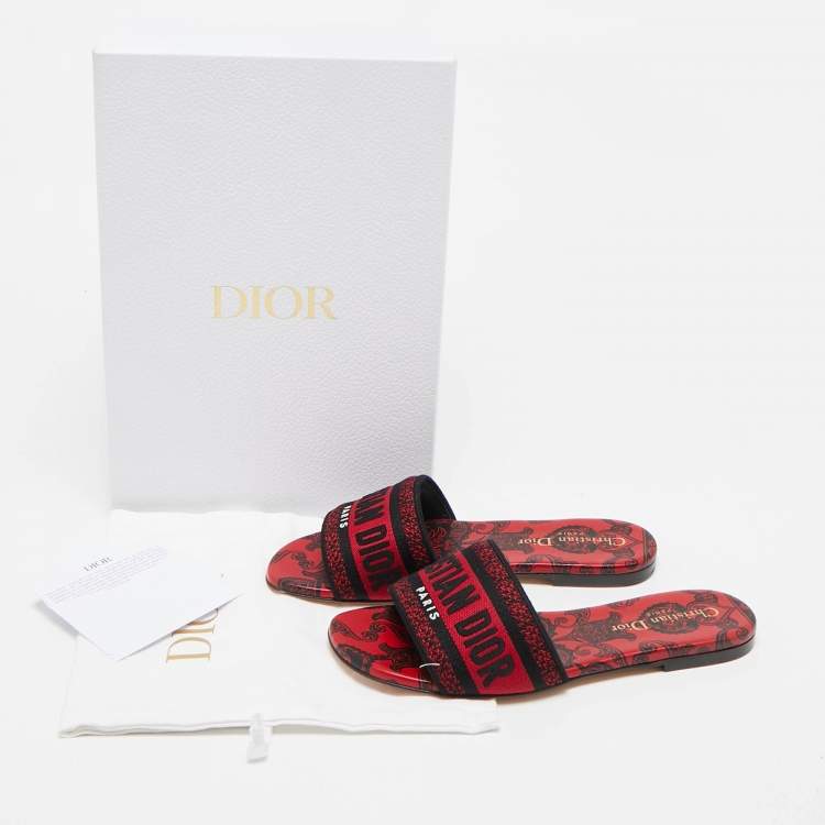 Pre Owned Dior Red/Black Embroidered Canvas Dway Slide Flats Size 36