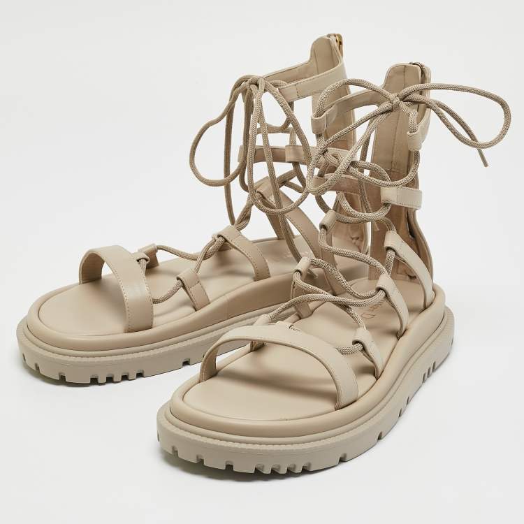 Pre Owned Dior Grey Leather Abbesse Flat Sandals Size 39