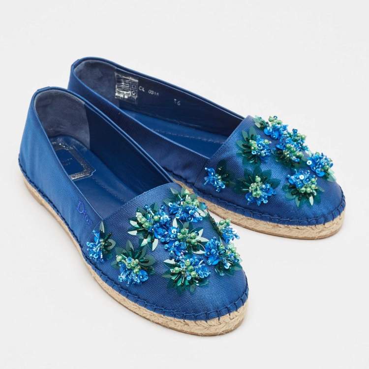 Pre Owned Dior Blue Canvas Embellished Espadrille Flats Size 36
