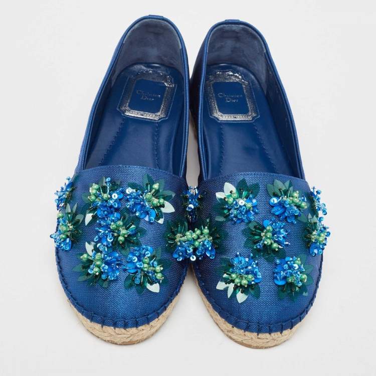 Pre Owned Dior Blue Canvas Embellished Espadrille Flats Size 36
