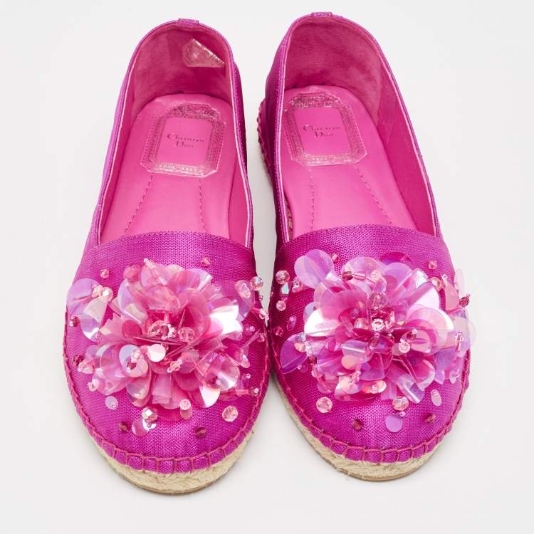 Pre Owned Dior Pink Canvas Embellished Espadrille Flats Size 36