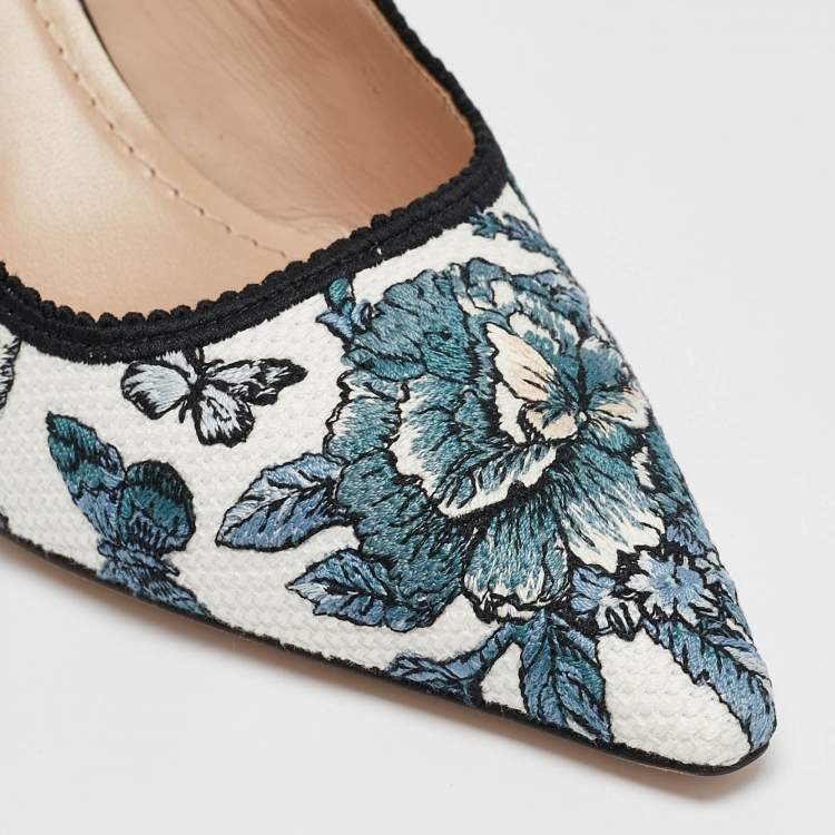 Pre Owned Dior Blue/White Floral Embroidered Canvas J'adior Slingback Pumps Size 39