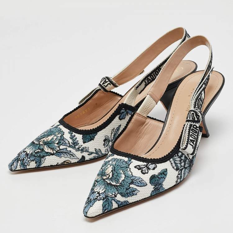 Pre Owned Dior Blue/White Floral Embroidered Canvas J'adior Slingback Pumps Size 39