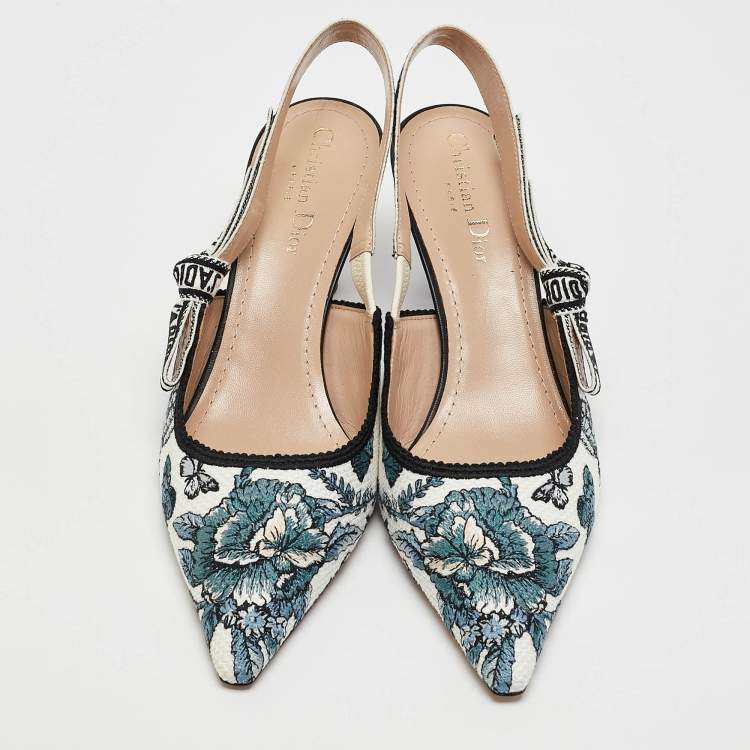 Pre Owned Dior Blue/White Floral Embroidered Canvas J'adior Slingback Pumps Size 39