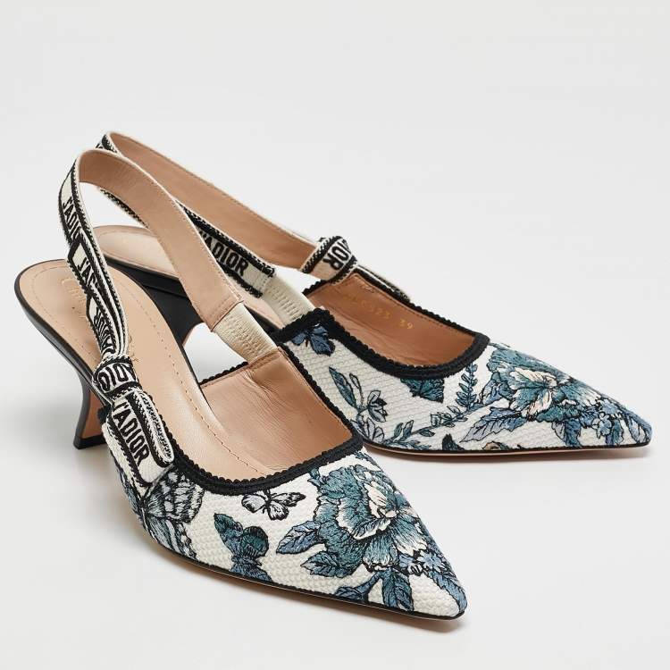Pre Owned Dior Blue/White Floral Embroidered Canvas J'adior Slingback Pumps Size 39