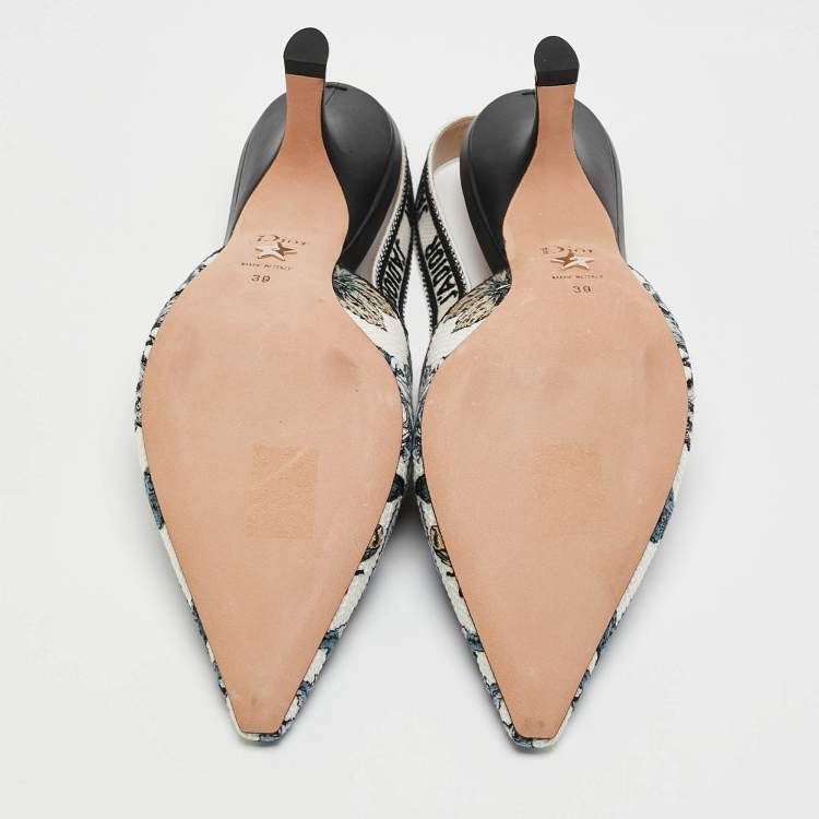 Pre Owned Dior Blue/White Floral Embroidered Canvas J'adior Slingback Pumps Size 39