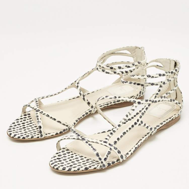 Pre Owned Dior Cream/Black  Polka Dot Python Leather Flat Sandals Size 39