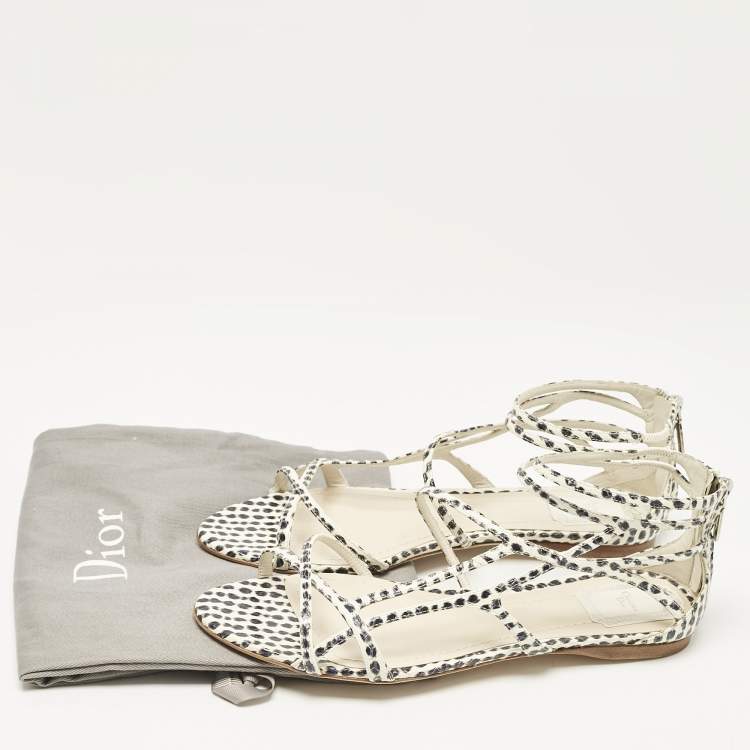 Pre Owned Dior Cream/Black  Polka Dot Python Leather Flat Sandals Size 39