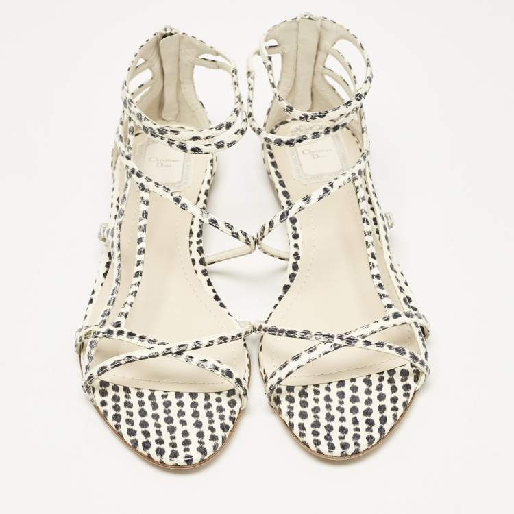 Pre Owned Dior Cream/Black  Polka Dot Python Leather Flat Sandals Size 39