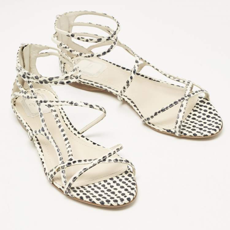 Pre Owned Dior Cream/Black  Polka Dot Python Leather Flat Sandals Size 39