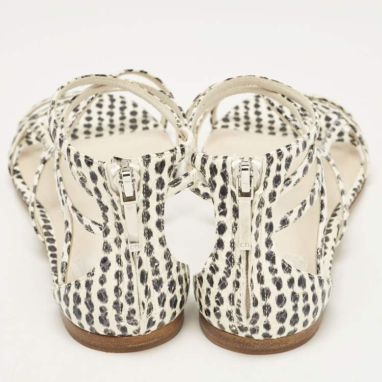 Pre Owned Dior Cream/Black  Polka Dot Python Leather Flat Sandals Size 39