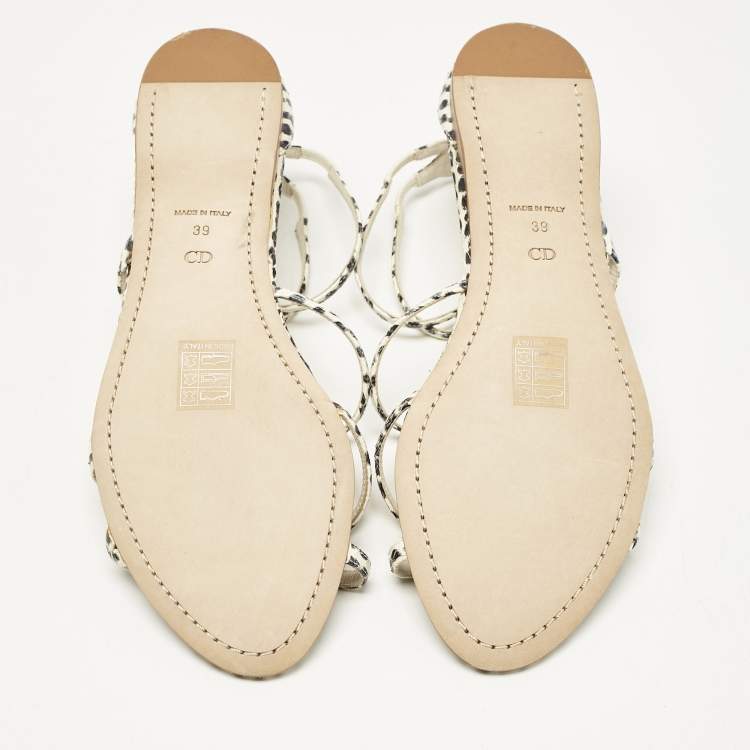 Pre Owned Dior Cream/Black  Polka Dot Python Leather Flat Sandals Size 39