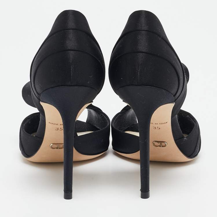 Pre Owned Dior Black Satin Peep Toe Bow D'orsay Pumps Size 35