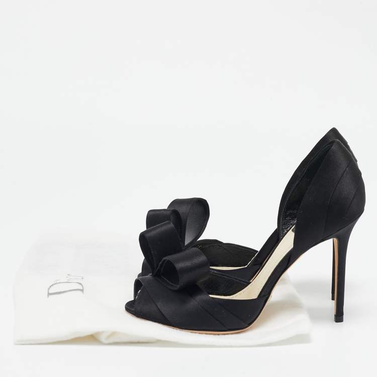 Pre Owned Dior Black Satin Peep Toe Bow D'orsay Pumps Size 35