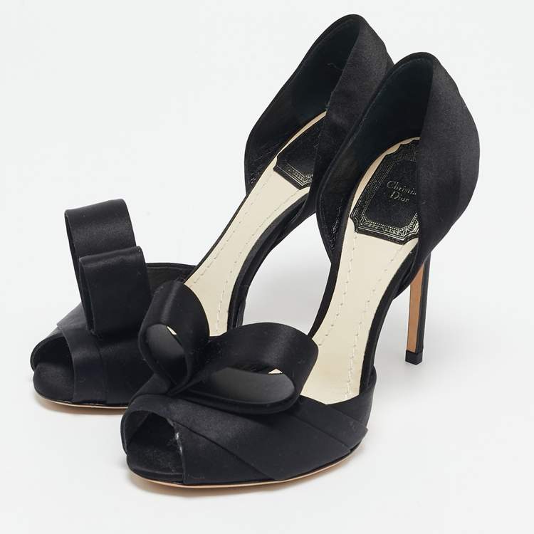 Pre Owned Dior Black Satin Peep Toe Bow D'orsay Pumps Size 35