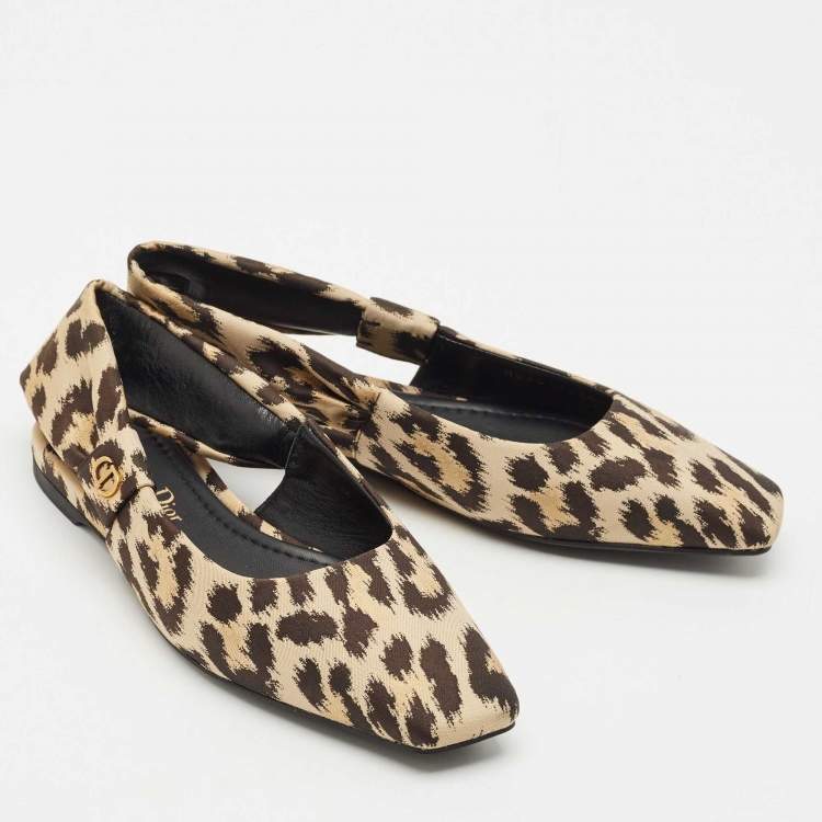 Pre Owned Dior Beige/Black Leopard Print Fabric Mizza Flats Size 34.5