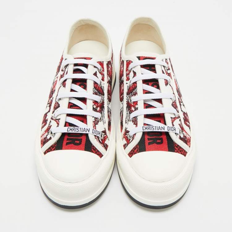 Pre Owned Dior Red/White Floral Embroidered Canvas Walk'n'Dior Sneakers Size 40