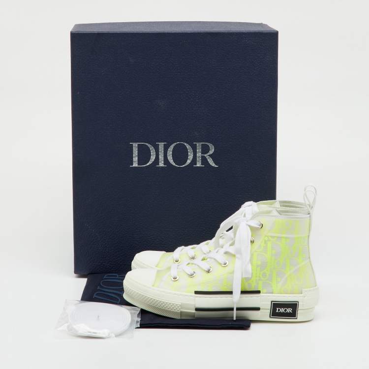 Pre Owned Dior White/Neon Yellow Oblique Mesh and Rubber B23 High Top Sneakers Size 36.5