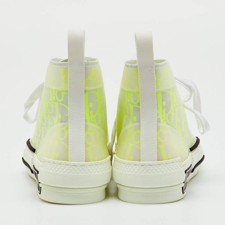 Pre Owned Dior White/Neon Yellow Oblique Mesh and Rubber B23 High Top Sneakers Size 36.5