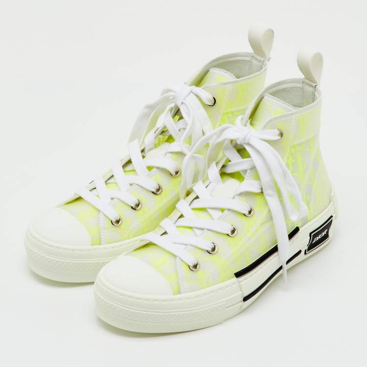Pre Owned Dior White/Neon Yellow Oblique Mesh and Rubber B23 High Top Sneakers Size 36.5