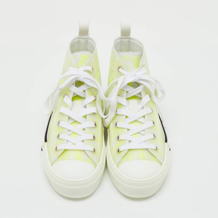 Pre Owned Dior White/Neon Yellow Oblique Mesh and Rubber B23 High Top Sneakers Size 36.5