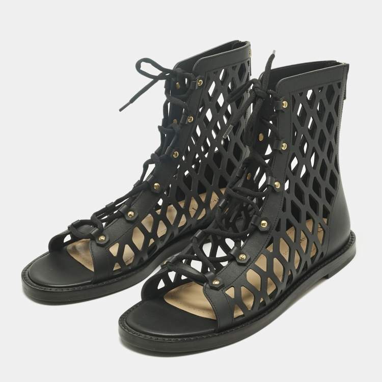 Pre Owned Dior Black Leather Cut-out D-strap Gladiator Flat Sandals Size 40