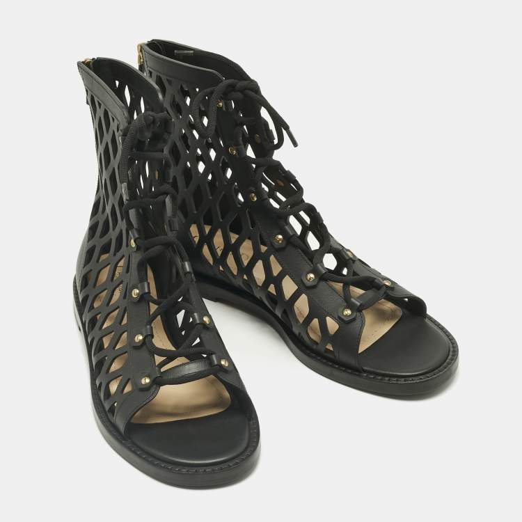 Pre Owned Dior Black Leather Cut-out D-strap Gladiator Flat Sandals Size 40