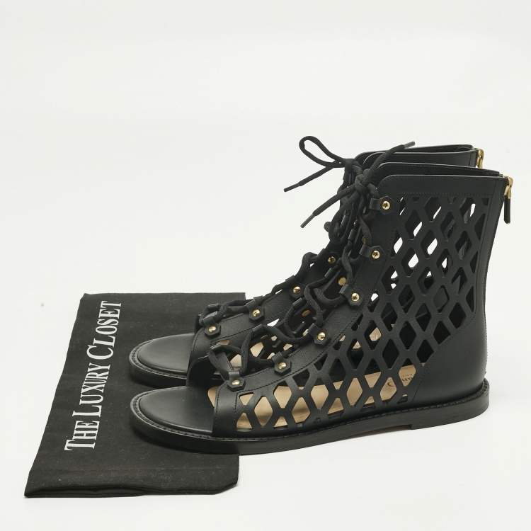 Pre Owned Dior Black Leather Cut-out D-strap Gladiator Flat Sandals Size 40