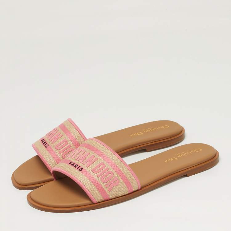 Pre Owned Dior Dway Size 40.5 Pink Embroidered Raffia Flat Slides