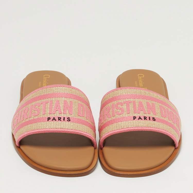 Pre Owned Dior Dway Size 40.5 Pink Embroidered Raffia Flat Slides