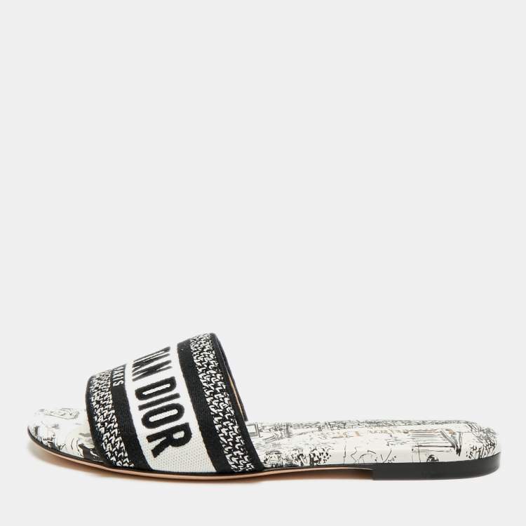 Pre Owned Dior Dway Size 34 Black/White Embroidered Canvas Slide Sandals