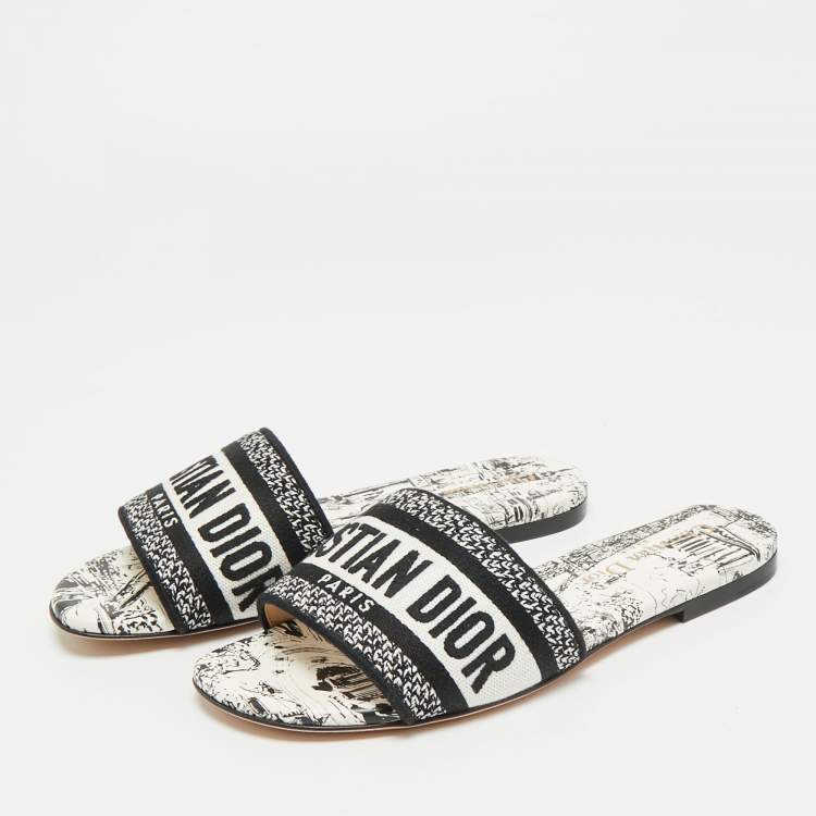 Pre Owned Dior Dway Size 34 Black/White Embroidered Canvas Slide Sandals