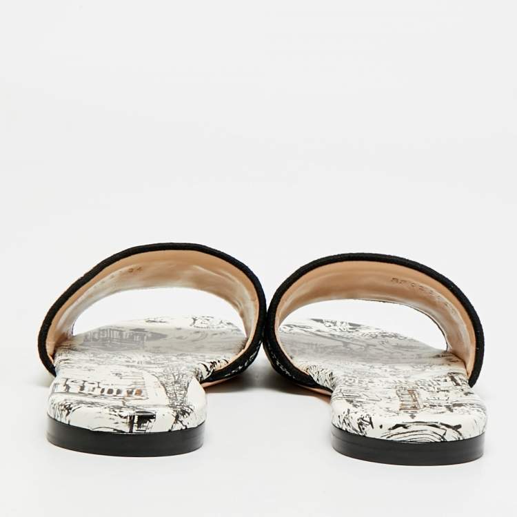 Pre Owned Dior Dway Size 34 Black/White Embroidered Canvas Slide Sandals