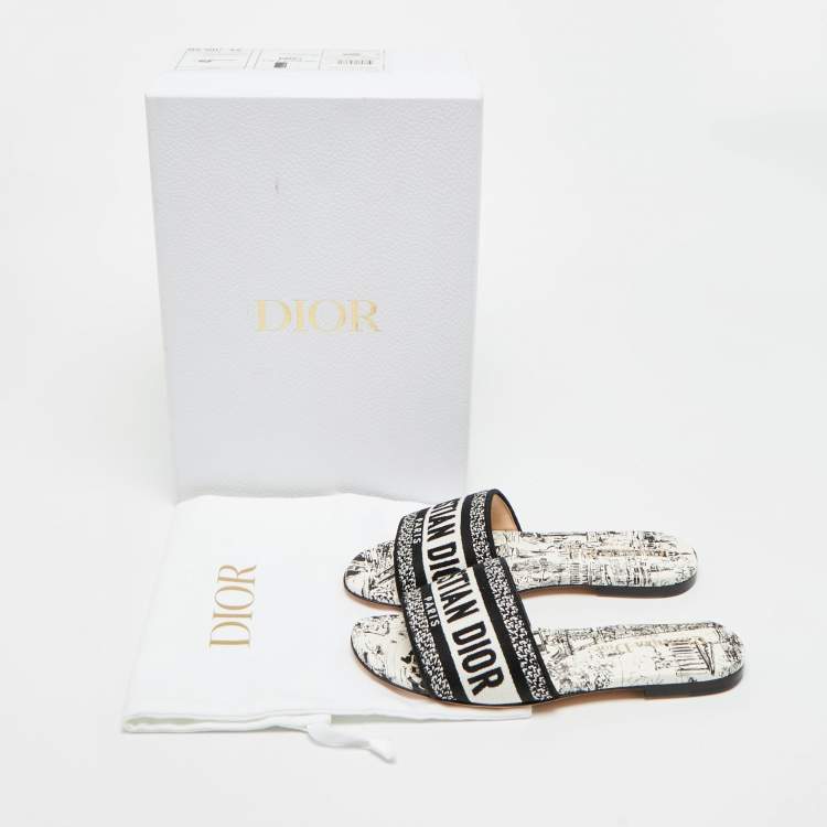 Pre Owned Dior Dway Size 34 Black/White Embroidered Canvas Slide Sandals