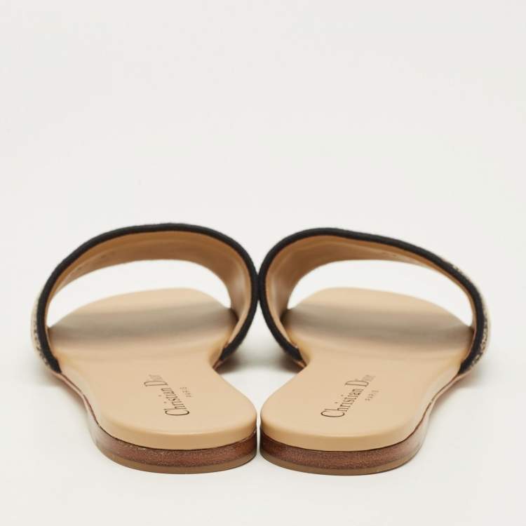 Pre Owned Dior Dway Size 37 Beige/Black Canvas Embroidered Flat Slide