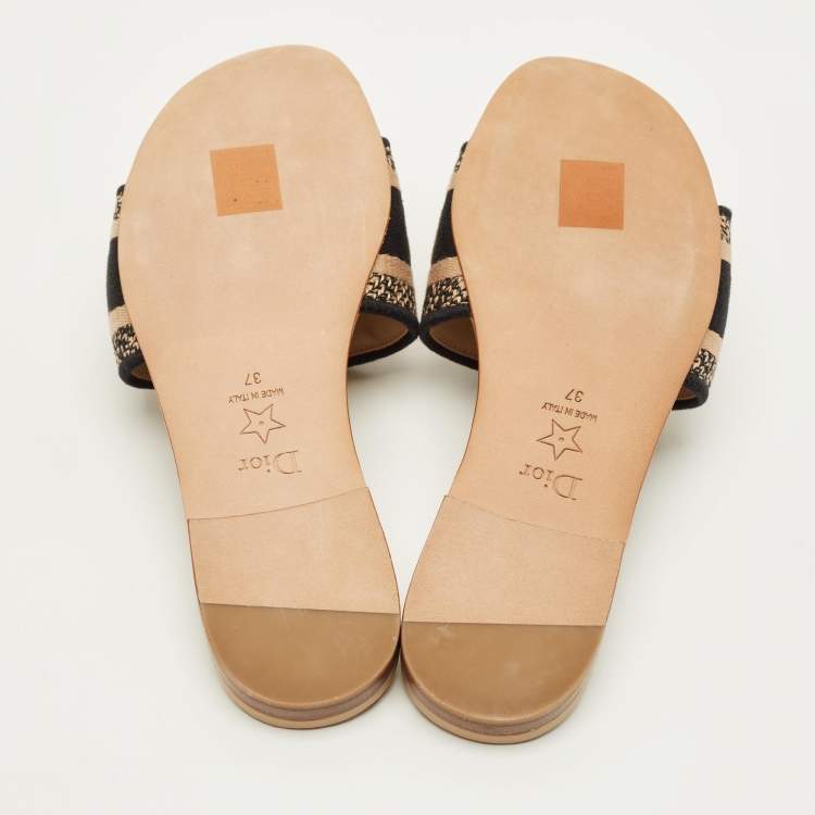 Pre Owned Dior Dway Size 37 Beige/Black Canvas Embroidered Flat Slide