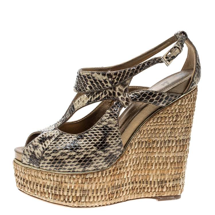 Pre Owned Dior Beige Python Leather Eden Peep Toe Ankle Strap Straw Wedge Sandals Size 38