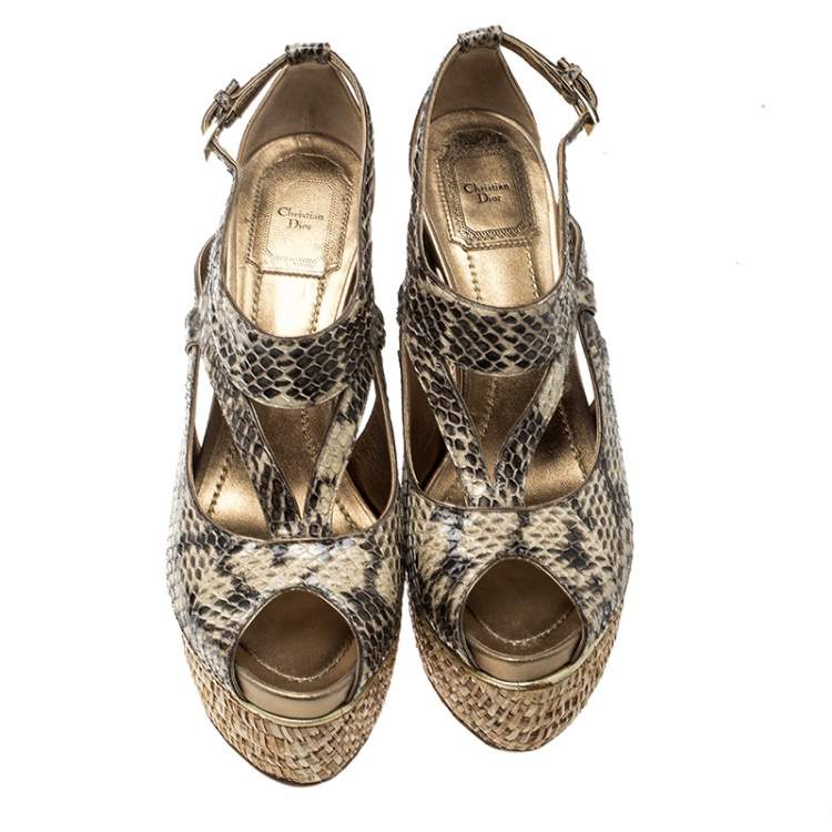 Pre Owned Dior Beige Python Leather Eden Peep Toe Ankle Strap Straw Wedge Sandals Size 38