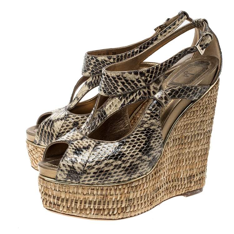 Pre Owned Dior Beige Python Leather Eden Peep Toe Ankle Strap Straw Wedge Sandals Size 38