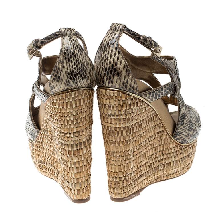 Pre Owned Dior Beige Python Leather Eden Peep Toe Ankle Strap Straw Wedge Sandals Size 38
