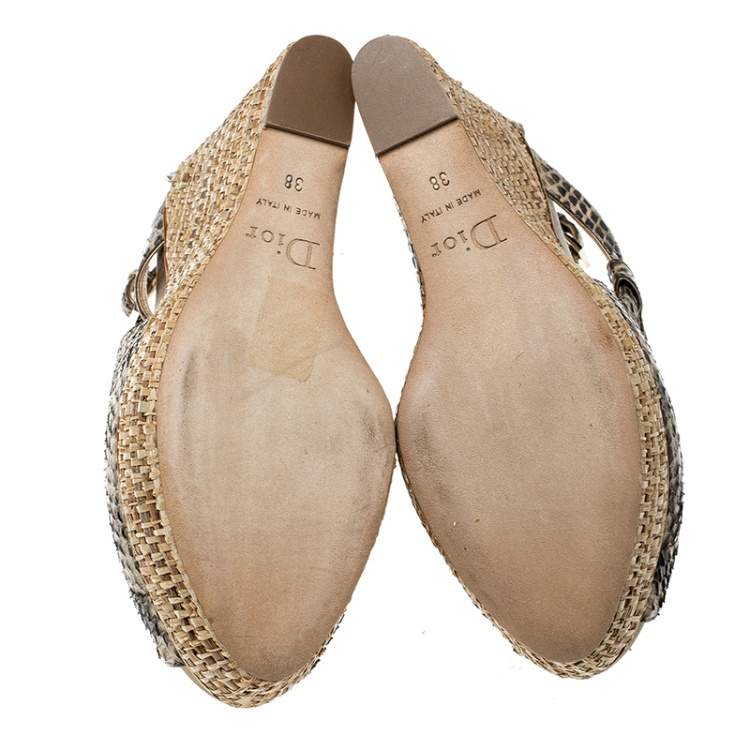 Pre Owned Dior Beige Python Leather Eden Peep Toe Ankle Strap Straw Wedge Sandals Size 38