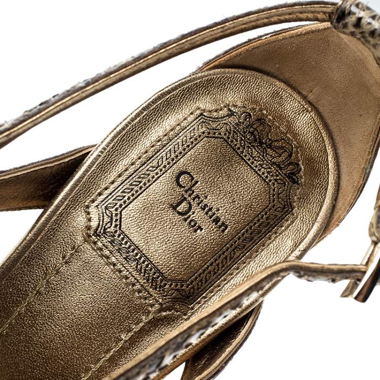 Pre Owned Dior Beige Python Leather Eden Peep Toe Ankle Strap Straw Wedge Sandals Size 38