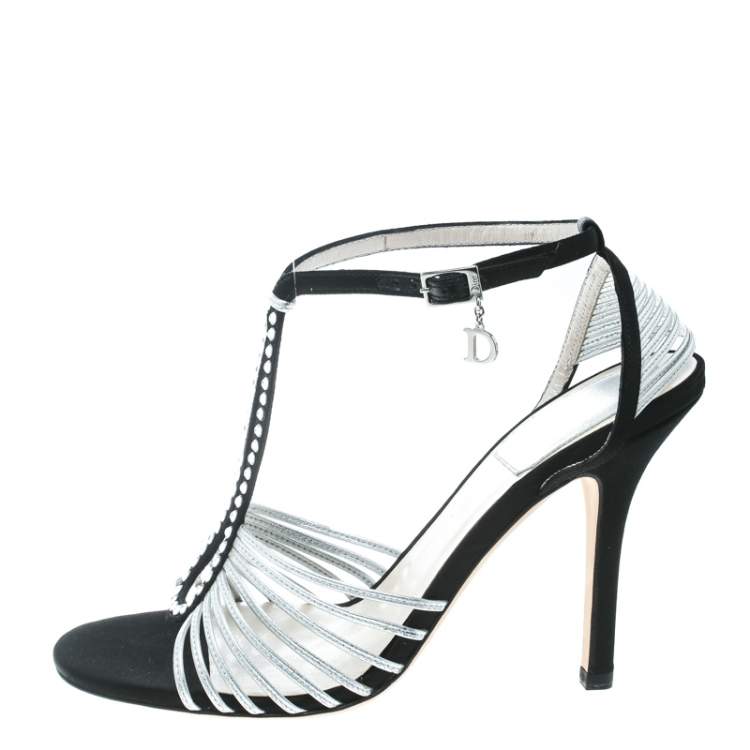 Pre Owned Dior Grey/Black Leather and Satin Crystal Embellished Strappy Sandals Size 36