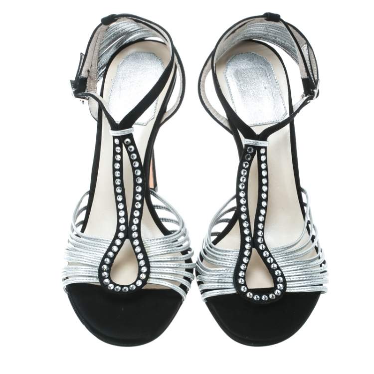 Pre Owned Dior Grey/Black Leather and Satin Crystal Embellished Strappy Sandals Size 36