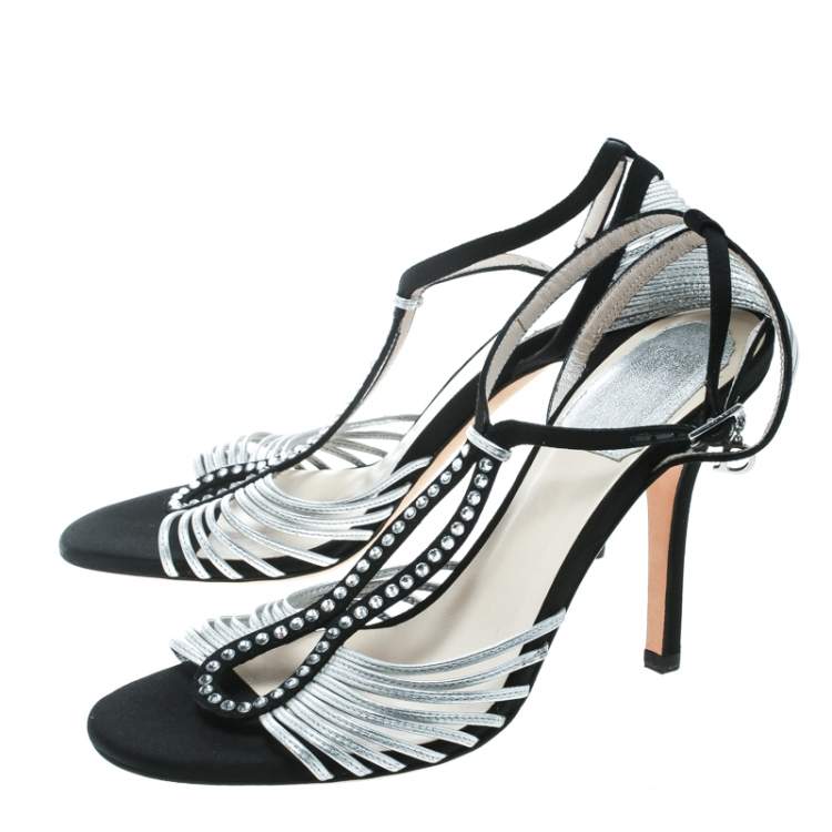 Pre Owned Dior Grey/Black Leather and Satin Crystal Embellished Strappy Sandals Size 36