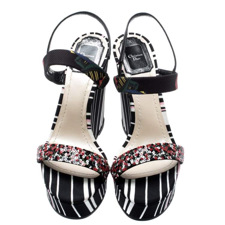 Pre Owned Dior Multicolor Stripes Printed Satin Sequins Embellished Ankle Strap Wedge Sandals Size 38.5